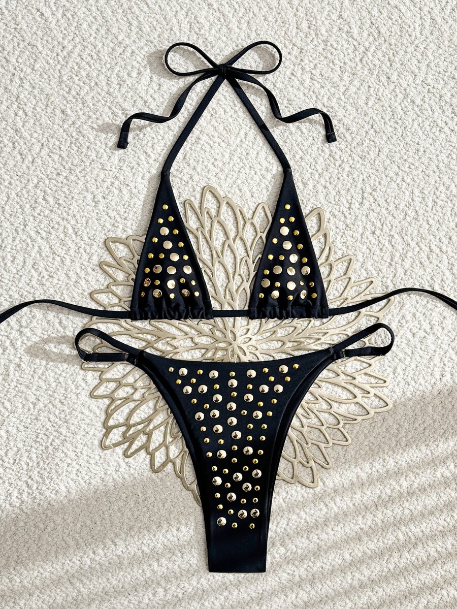 Oceva 2026 New Black Summer Beach Party Holiday Rave 2pcs Bikini Swimwear,European American Backless Tie Rhinestone Beach Vacation Separates For Women - Black - View 1