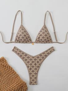 SHEIN Swim Multicolor Fabric Textured Pattern Bikini Set With High Cut And Backless Details - Multicolor - View 2