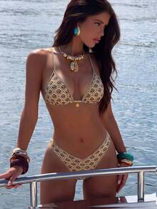 SHEIN Swim Multicolor Fabric Textured Pattern Bikini Set With High Cut And Backless Details - Multicolor - View 3