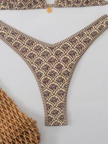 SHEIN Swim Multicolor Fabric Textured Pattern Bikini Set With High Cut And Backless Details - Multicolor - View 6