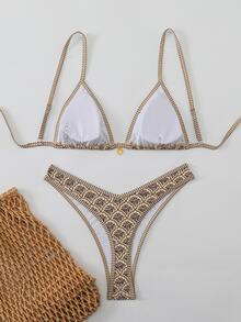 SHEIN Swim Multicolor Fabric Textured Pattern Bikini Set With High Cut And Backless Details - Multicolor - View 4