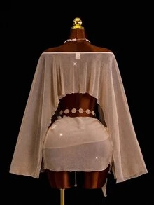 SHEIN Swim 女款春夏新款金/沙色細閃亮片兩件套，不對稱肩上衣搭配包臀迷你裙，女款海灘/度假穿搭，性感透視迷你裙套裝，波希米亞風，度假風，郵輪風，外出派對，夏季服飾/度假穿著，嘉年華，節慶 - 金色 - 查看 2