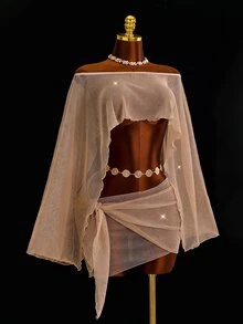 SHEIN Swim 女款春夏新款金/沙色細閃亮片兩件套，不對稱肩上衣搭配包臀迷你裙，女款海灘/度假穿搭，性感透視迷你裙套裝，波希米亞風，度假風，郵輪風，外出派對，夏季服飾/度假穿著，嘉年華，節慶 - 金色 - 查看 6