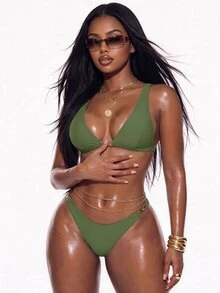 Oceva Women's Olive Green Bikini Set,2-Piece Elegant Modest Beach Outfit For Summer Holiday,Metal Decor Buckle High-Cut Leg Adjustable Wide Straps Swimwear - Olive Green - View 2
