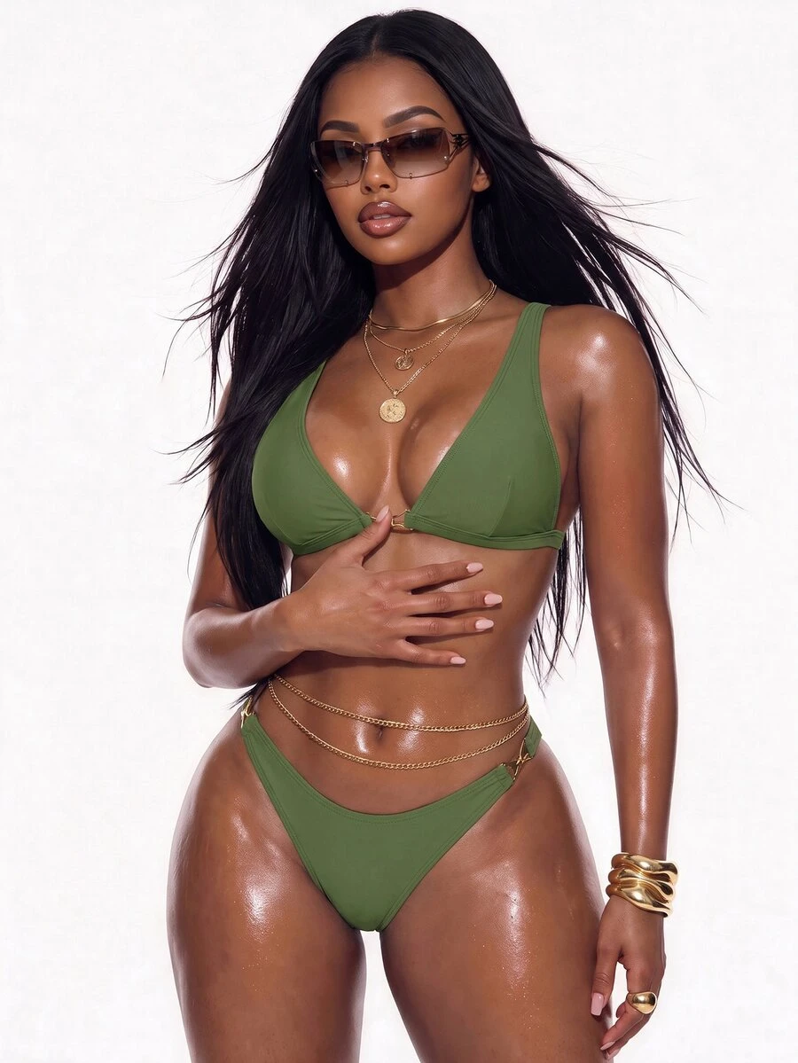 Oceva Women's Olive Green Bikini Set,2-Piece Elegant Modest Beach Outfit For Summer Holiday,Metal Decor Buckle High-Cut Leg Adjustable Wide Straps Swimwear - Olive Green - View 1