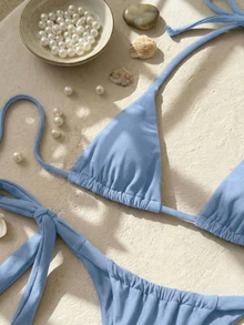 SHEIN Swim 女士编织性感迷你杯吊带比基尼套装 - 淺藍色 - 查看 3