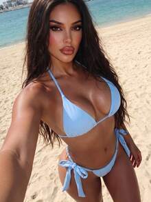 SHEIN Swim 女士编织性感迷你杯吊带比基尼套装 - 淺藍色 - 查看 2