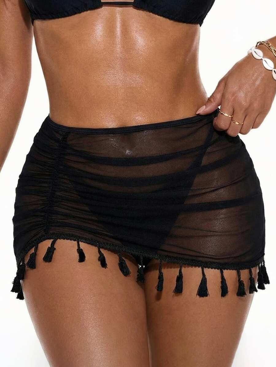 Swim Basics Summer Beach Boho Women's Fringe Decor Cover Up Skirt - Black - View 1