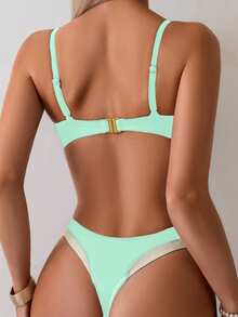 Oceva 2pcs Women's Solid Color Patchwork Minimalist Sexy Casual Summer Beach Party Vacation Bikini Set Mint Green - Mint Green - View 3