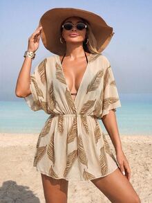 Swim Lushoire 1pc Women Leaf Print Mesh Cover-Up, Casual For Home, Beach, Pool, Vacation, Spring/Summer - Multicolor - View 8