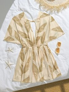 Swim Lushoire 1pc Women Leaf Print Mesh Cover-Up, Casual For Home, Beach, Pool, Vacation, Spring/Summer - Multicolor - View 3