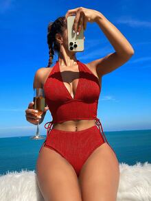 SHEIN Swim 2022 Minimalist Solid Color Bikini Summer - Red - View 1
