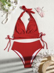 SHEIN Swim 2022 Minimalist Solid Color Bikini Summer - Red - View 6