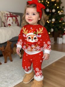 聖誕快樂，女嬰休閒可愛卡通聖誕馴鹿圖案、波點雪花、聖誕紅節慶加厚抓絨內裡圓領長袖運動衫與內搭褲，適合秋冬、秋季風格、秋季穿搭、舒適 - 彩色 - 查看 3
