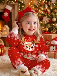聖誕快樂，女嬰休閒可愛卡通聖誕馴鹿圖案、波點雪花、聖誕紅節慶加厚抓絨內裡圓領長袖運動衫與內搭褲，適合秋冬、秋季風格、秋季穿搭、舒適 - 彩色 - 查看 2