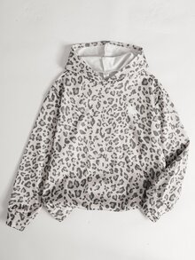 SHEIN 青少年女孩豹紋 Logo 連帽寬鬆套頭運動衫與內搭褲休閒運動套裝 - 灰色 - 查看 4