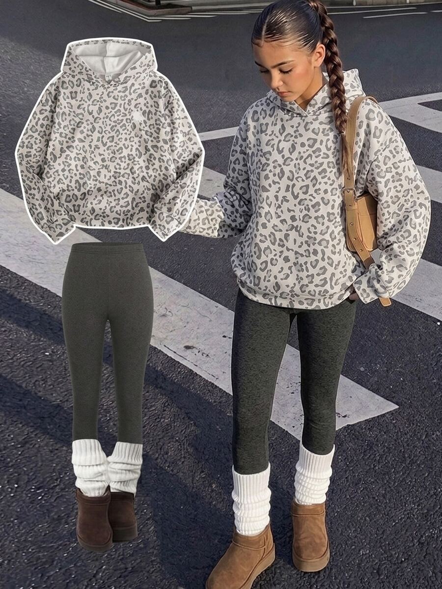 SHEIN 青少年女孩豹紋 Logo 連帽寬鬆套頭運動衫與內搭褲休閒運動套裝 - 灰色 - 查看 1
