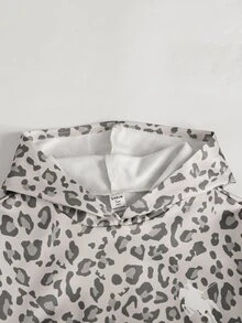 SHEIN 青少年女孩豹紋 Logo 連帽寬鬆套頭運動衫與內搭褲休閒運動套裝 - 灰色 - 查看 5