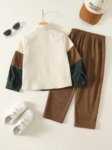 SHEIN 2件組兒童小男孩休閒日常百搭舒適配色拼接領長袖鈕扣襯衫與純色直筒長褲梭織套裝，適合學校、花園、海灘、生日，秋冬穿著 - 彩色 - 查看 6