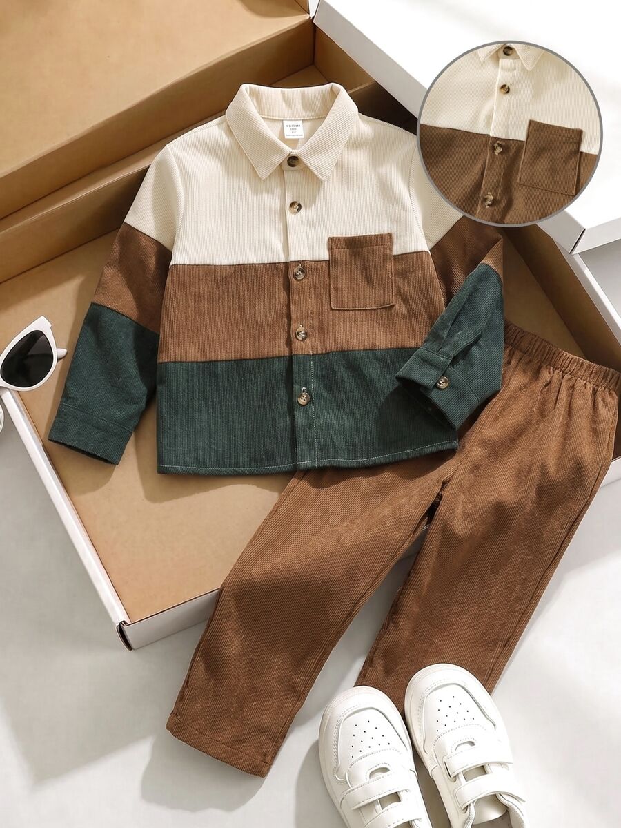 SHEIN 2件組兒童小男孩休閒日常百搭舒適配色拼接領長袖鈕扣襯衫與純色直筒長褲梭織套裝,適合學校、花園、海灘、生日,秋冬穿著 - 彩色 - 查看 1