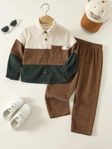 SHEIN 2件組兒童小男孩休閒日常百搭舒適配色拼接領長袖鈕扣襯衫與純色直筒長褲梭織套裝，適合學校、花園、海灘、生日，秋冬穿著 - 彩色 - 查看 3