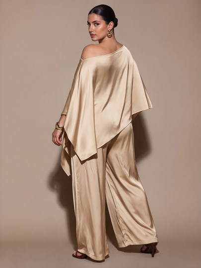 SHEIN BAE CURVE Plus Size Women's Solid Champagne Asymmetrical Shoulder Women's Shawl Top Wide Leg Pants 2 Pieces Set Outings Banquets Weddings Dinner Bar Party