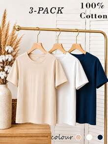 Anewsta Summer Vacation Outfit Holiday Commute Casual Minimalist Solid Color All-Match 100 Cotton Short Sleeve Women's T-Shirt White Beige - Multicolor - View 6