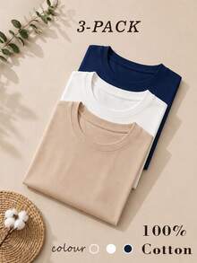 Anewsta Summer Vacation Outfit Holiday Commute Casual Minimalist Solid Color All-Match 100 Cotton Short Sleeve Women's T-Shirt White Beige - Multicolor - View 5
