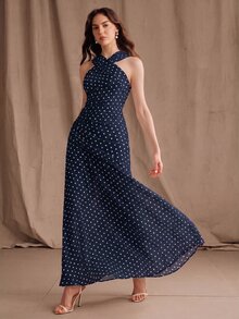 Anewsta 春夏新款優雅時尚度假約會婚禮出遊性感露肩波點掛脖無袖長洋裝女款 - 藏蓝色 - 查看 5