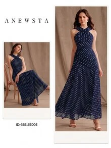 Anewsta 春夏新款優雅時尚度假約會婚禮出遊性感露肩波點掛脖無袖長洋裝女款 - 藏蓝色 - 查看 8
