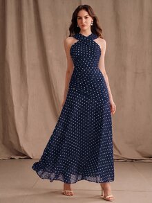 Anewsta 春夏新款優雅時尚度假約會婚禮出遊性感露肩波點掛脖無袖長洋裝女款 - 藏蓝色 - 查看 6