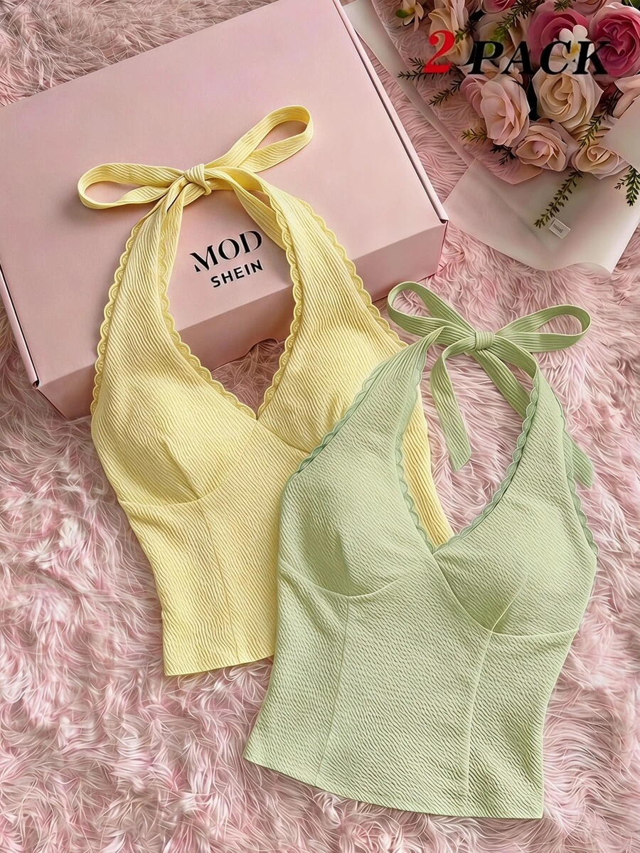 SHEIN MOD 女款蕾絲飾邊休閒熱帶風可愛百搭日常穿著度假掛脖上衣 淺綠色奶油黃 夏季 - 綠色 - 查看 1