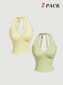 SHEIN MOD 女款蕾絲飾邊休閒熱帶風可愛百搭日常穿著度假掛脖上衣 淺綠色奶油黃 夏季 - 綠色 - 查看 2