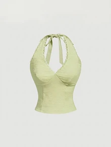 SHEIN MOD 女款蕾絲飾邊休閒熱帶風可愛百搭日常穿著度假掛脖上衣 淺綠色奶油黃 夏季 - 綠色 - 查看 7