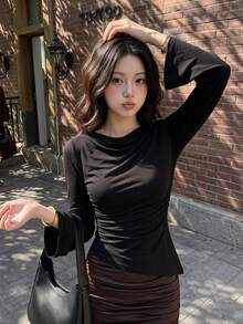 SHEIN MOD Black Ruched Round Neck Flare Sleeve Waist Gathered Asymmetric Hem Versatile T-Shirt,Black Top Pleat - Black - View 1