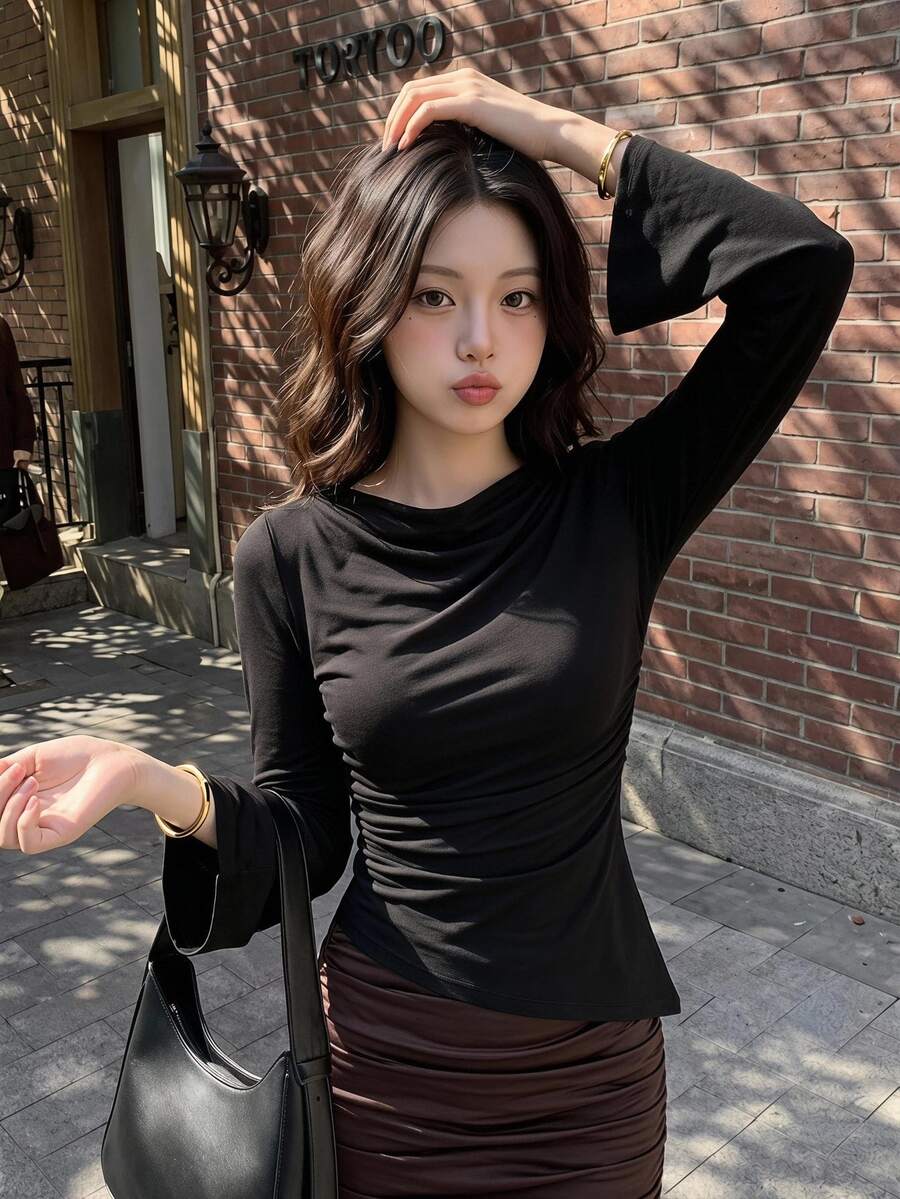 SHEIN MOD Black Ruched Round Neck Flare Sleeve Waist Gathered Asymmetric Hem Versatile T-Shirt,Black Top Pleat - Black - View 1