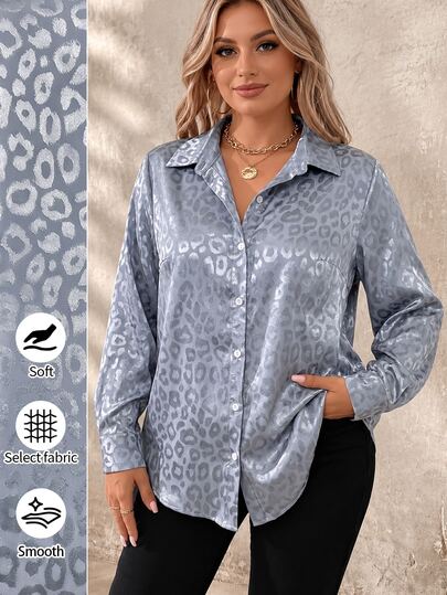 Elenzga Plus Size Autumn Casual Leopard Print Jacquard Shirt Fall