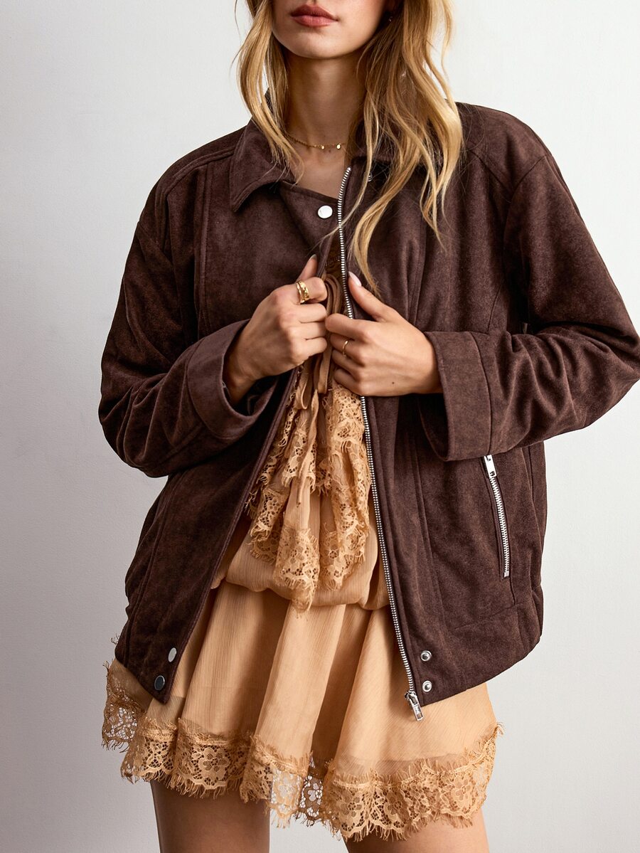 Willow Rêve Women's Solid Color Casual Versatile Daily Wear Long Sleeve Jacket - Brown - View 1