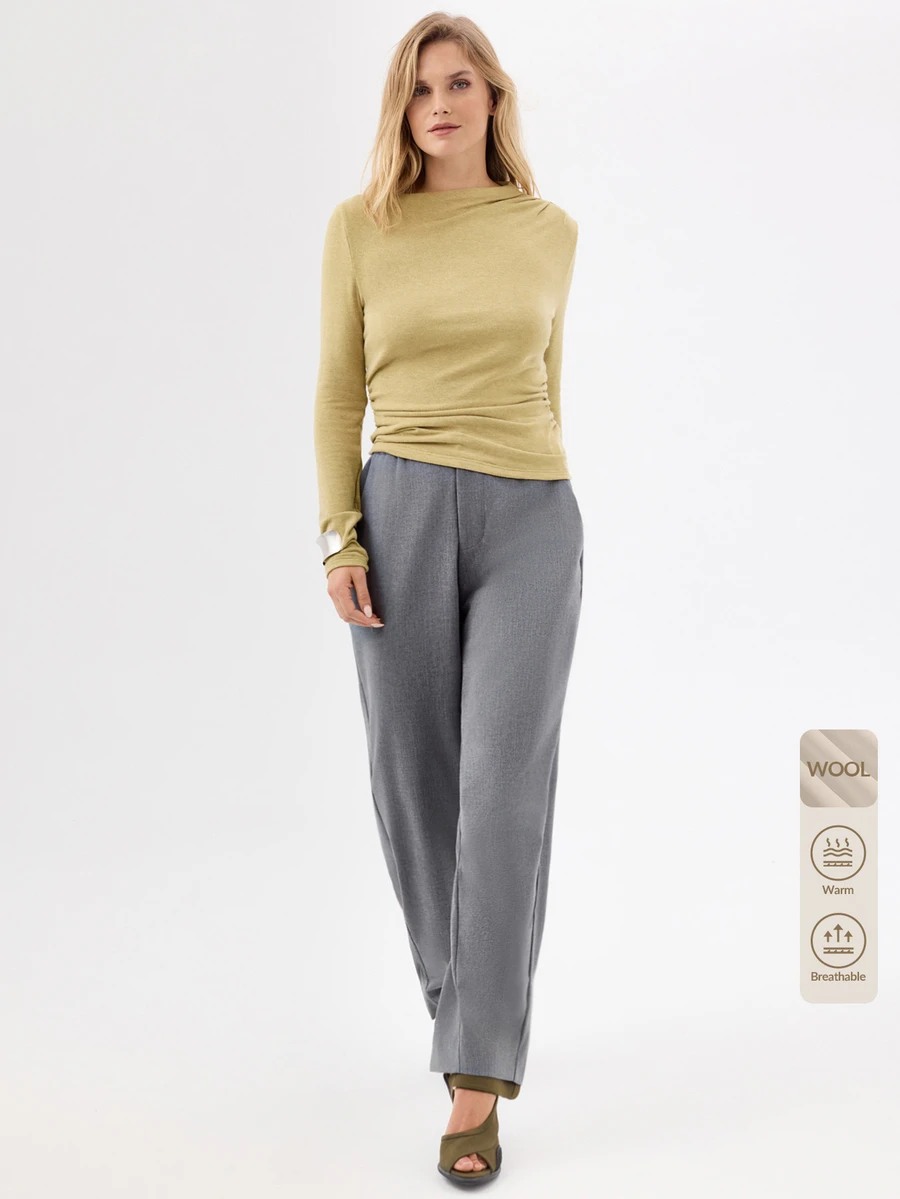 KÆRIA Hus Relaxed Wide Leg Trousers - Heritage Wool Suiting - Grey Marle - Elastic Waist, Pleated, Cargo Style Business Office Gray Autumn Casual - Grey - View 1