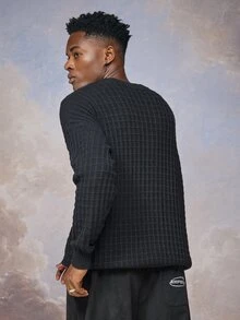 Emperor Men's Autumn/Winter Black Crew Neck Plaid Pullover Sweater - Black - View 2