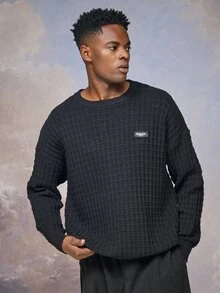 Emperor Men's Autumn/Winter Black Crew Neck Plaid Pullover Sweater - Black - View 1