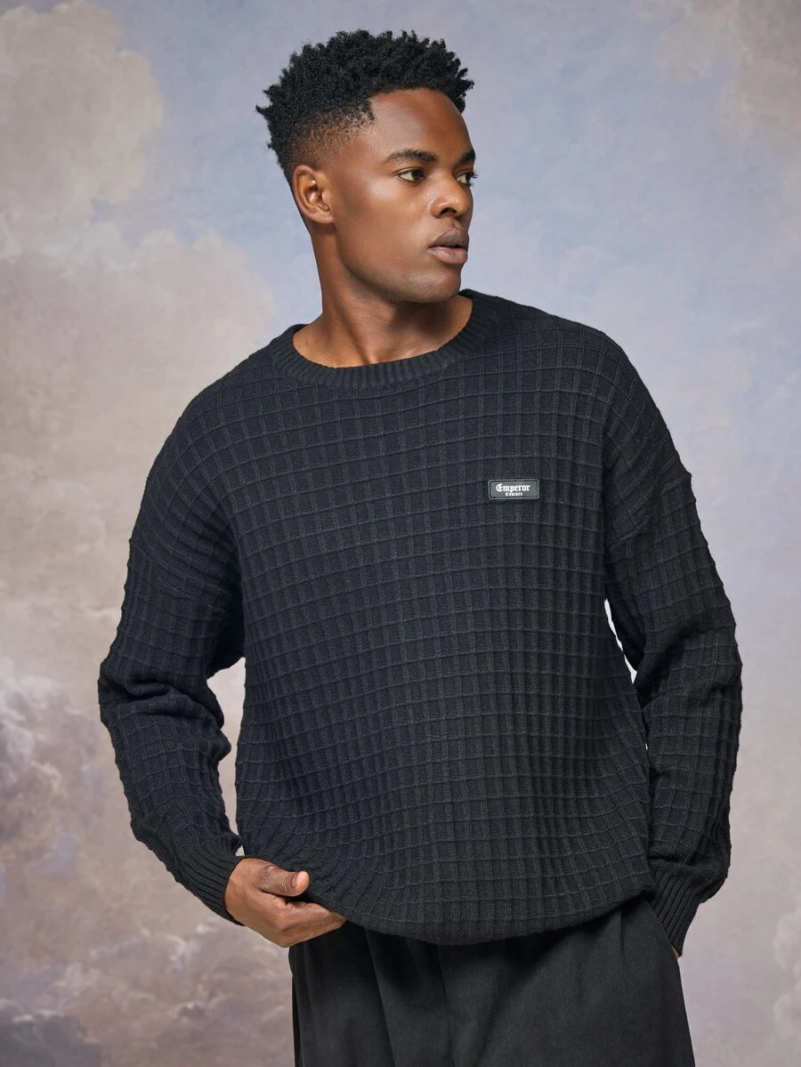 Emperor Men's Autumn/Winter Black Crew Neck Plaid Pullover Sweater - Black - View 1