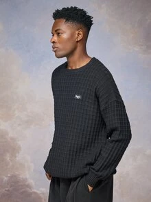 Emperor Men's Autumn/Winter Black Crew Neck Plaid Pullover Sweater - Black - View 5