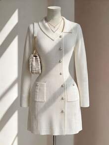 Fine & Folde Women's Solid Color Casual Daily Knit Dress - White - View 4