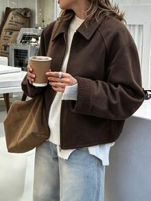 Struktiv 2026 Autumn/Winter New Women's Lapel Zip-Up Faux Fur Lined Coffee Color Overcoat, Casual Daily Home Wear, Street Date Commute Jacket - Coffee Brown - View 1