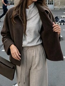Struktiv 2026 Autumn/Winter New Women's Lapel Zip-Up Faux Fur Lined Coffee Color Overcoat, Casual Daily Home Wear, Street Date Commute Jacket - Coffee Brown - View 5