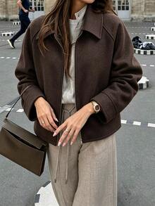 Struktiv 2026 Autumn/Winter New Women's Lapel Zip-Up Faux Fur Lined Coffee Color Overcoat, Casual Daily Home Wear, Street Date Commute Jacket - Coffee Brown - View 2