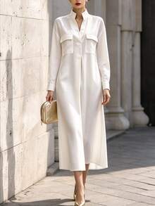 Balvessa Women's Simple Versatile Pocket Long Sleeve Dress For Office And Commuting - Beige - View 3