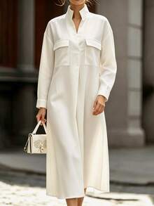 Balvessa Women's Simple Versatile Pocket Long Sleeve Dress For Office And Commuting - Beige - View 4