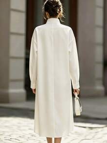 Balvessa Women's Simple Versatile Pocket Long Sleeve Dress For Office And Commuting - Beige - View 2